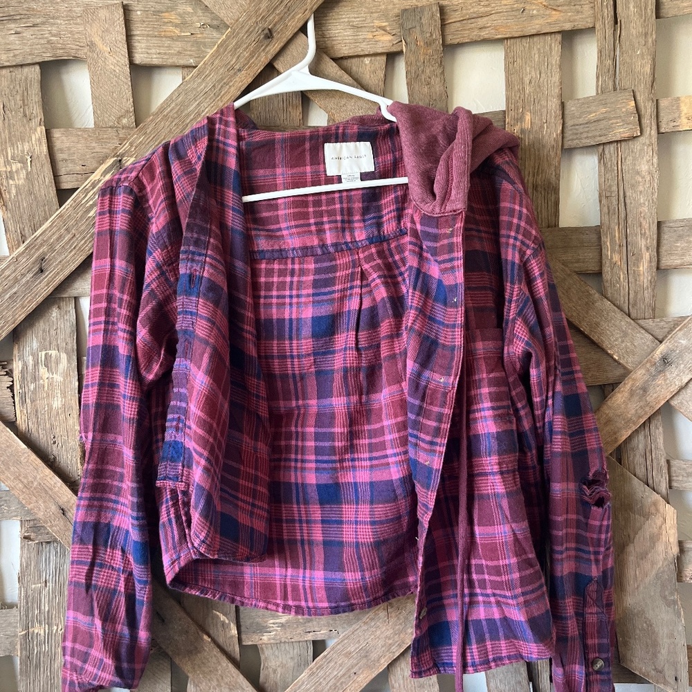 American Eagle Cropped Hooded Flannel